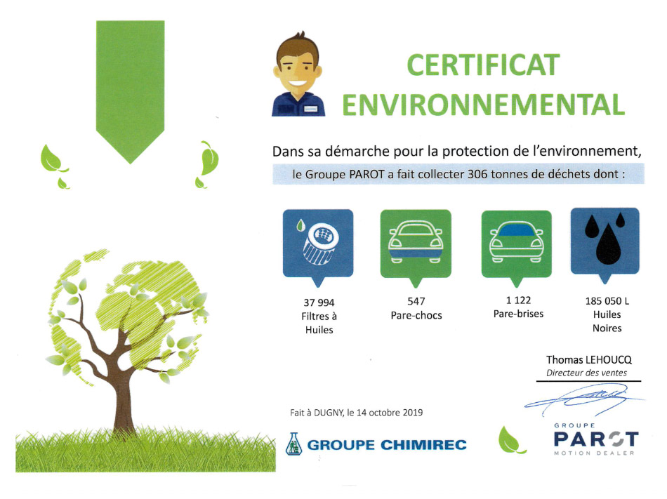 Certificat environnemental Groupe PAROT